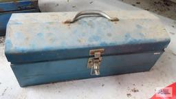 blue toolbox with contents including hammer, hatchet, wire brush
