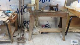 homemade wood lathe on top of vintage Oliver heavy duty table