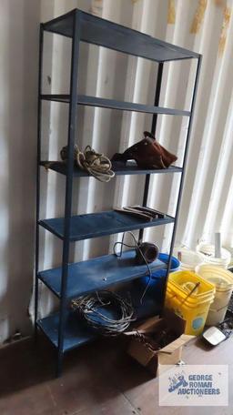 heavy duty chisels, hand tools, buckets, crates and metal framed shelving