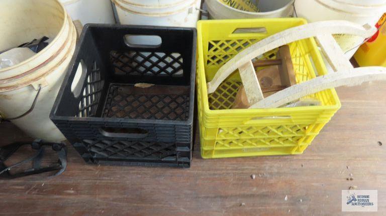 heavy duty chisels, hand tools, buckets, crates and metal framed shelving