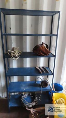 heavy duty chisels, hand tools, buckets, crates and metal framed shelving