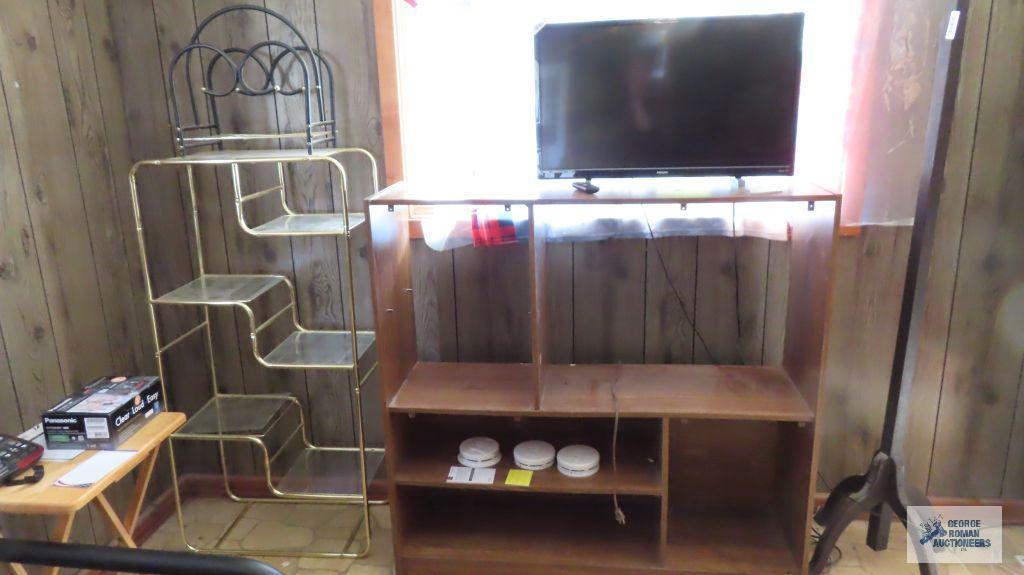 metal magazine rack, metal and glass stand and entertainment center