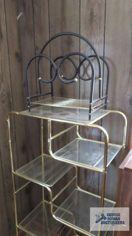 metal magazine rack, metal and glass stand and entertainment center