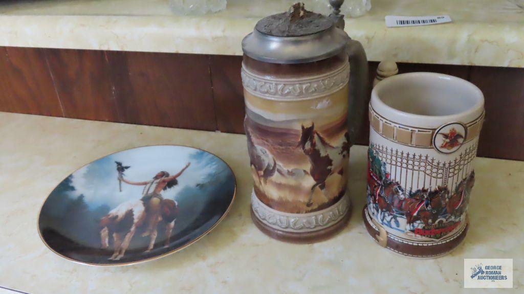 plate, horse stein, top broken and Budweiser mug