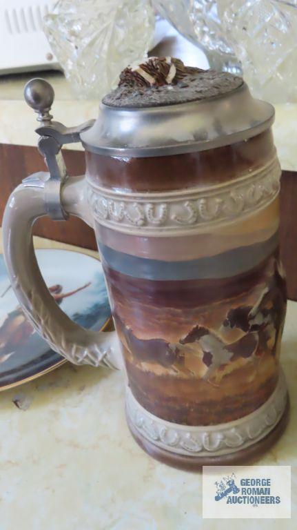 plate, horse stein, top broken and Budweiser mug
