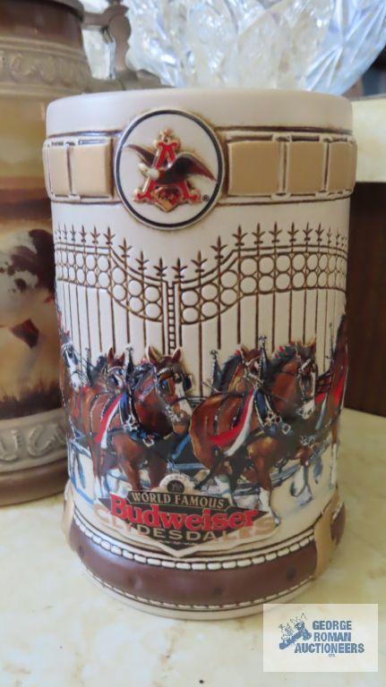 plate, horse stein, top broken and Budweiser mug