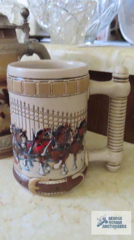 plate, horse stein, top broken and Budweiser mug