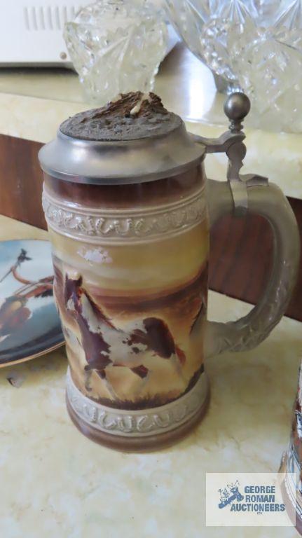 plate, horse stein, top broken and Budweiser mug