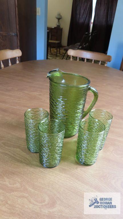 50's green glass pitcher and glasses