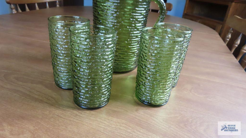 50's green glass pitcher and glasses