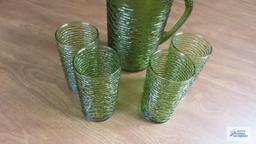 50's green glass pitcher and glasses