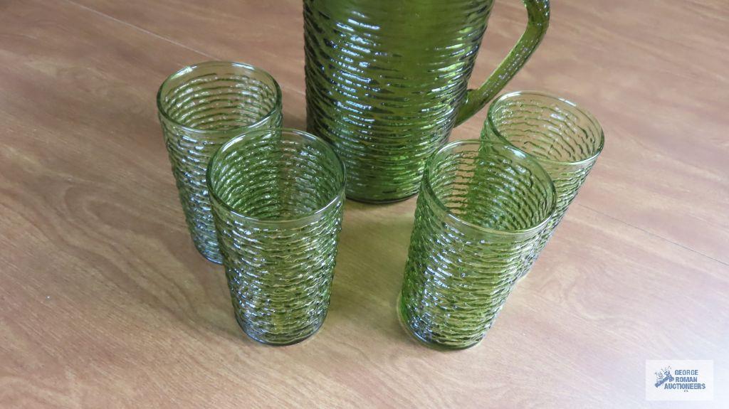 50's green glass pitcher and glasses