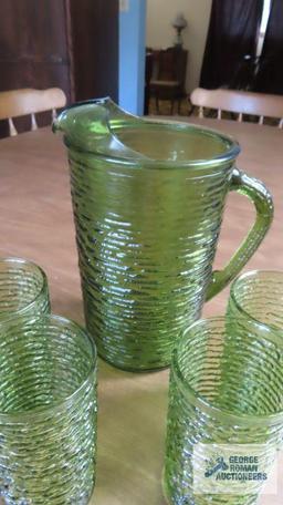 50's green glass pitcher and glasses