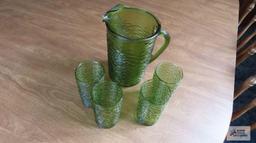 50's green glass pitcher and glasses