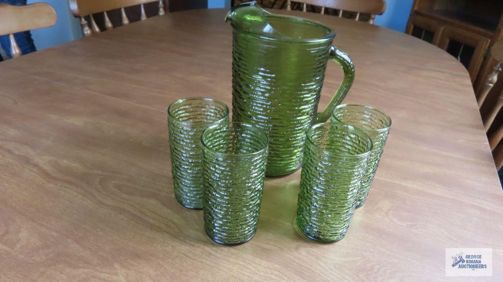 50's green glass pitcher and glasses