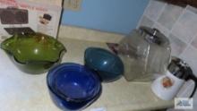 blue mixing bowls, green and blue bowls, large covered jar and Corning Ware coffee pot