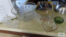 assorted glassware including creamer and sugar, punch bowl, gold trimmed bowls, and ashtray