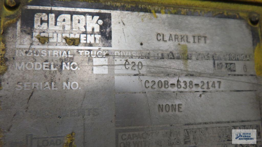 Clark model C20 forklift. 2,000 lb capacity. Serial number C20OB-638-2147. Working unit per seller..