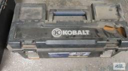 Kobalt plastic tool box with hardware and tools.