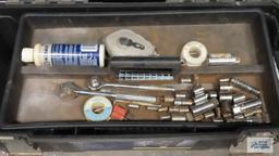 Kobalt plastic tool box with hardware and tools.