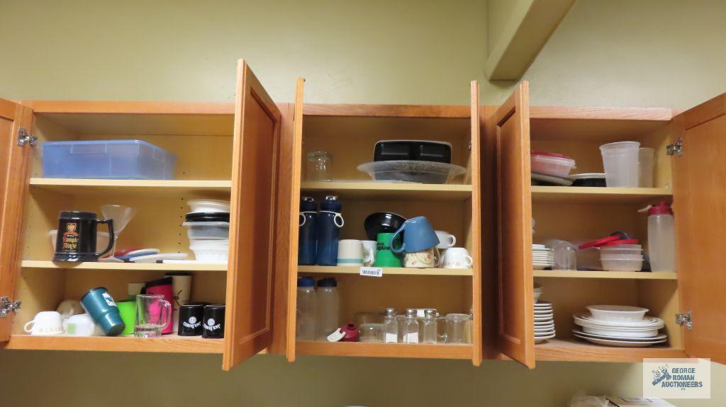 Lot of cups, glasses and dishware in three cabinets