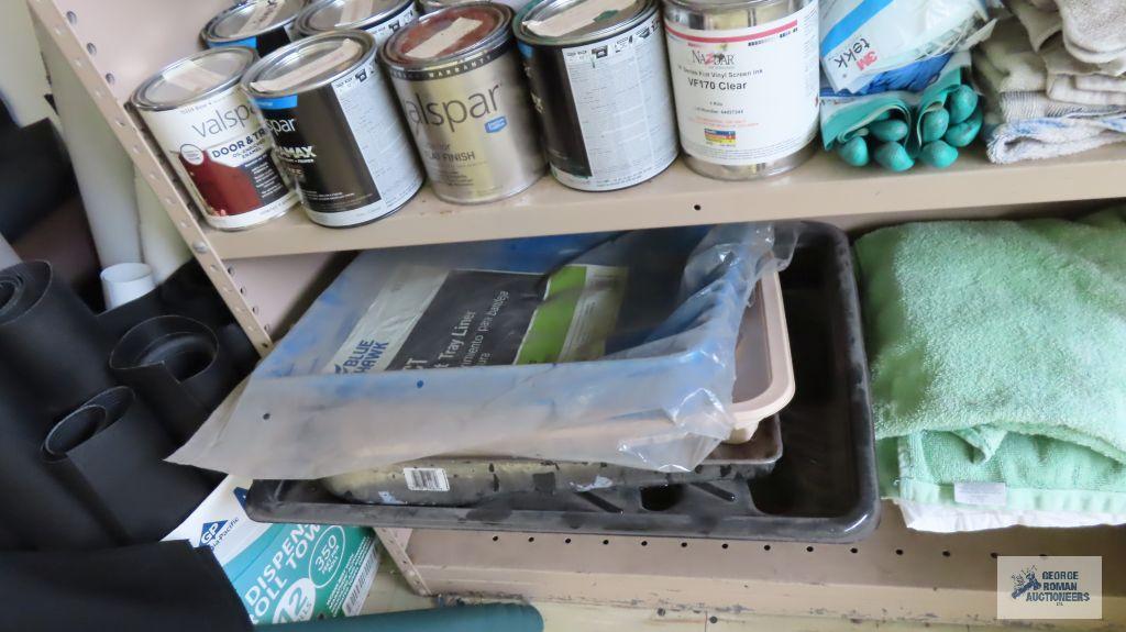 Metal adjustable shelving with painting supplies and etc