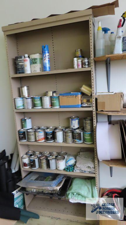 Metal adjustable shelving with painting supplies and etc