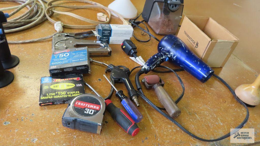 Lot of miniature torches, extension cords, staplers, tools, etc