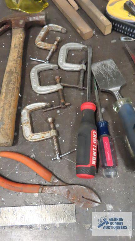 Small C clamps, files, screwdrivers, hammer, tool belt, etc