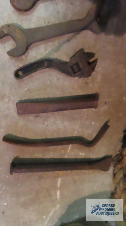 Lot of antique wrenches, chisels and heavy duty crowbar