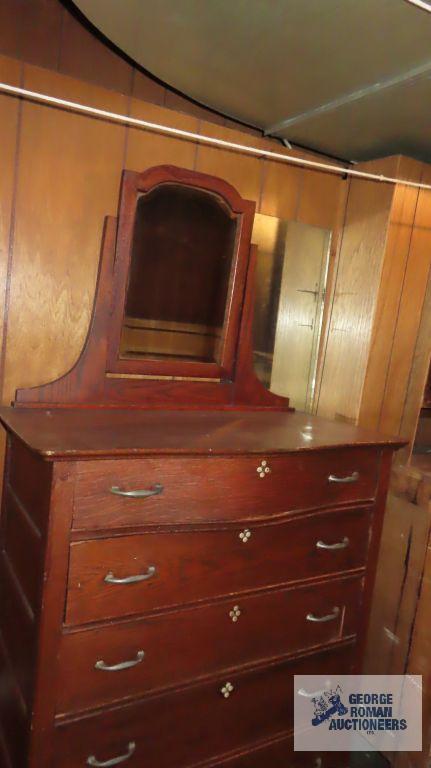 Antique oak chest of drawers with beveled mirror