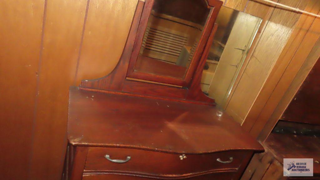 Antique oak chest of drawers with beveled mirror