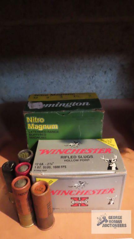 Partial box of 12 gauge rifled slugs, full box of Remington 12 gauge 3 in two shot and other