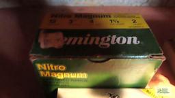 Partial box of 12 gauge rifled slugs, full box of Remington 12 gauge 3 in two shot and other