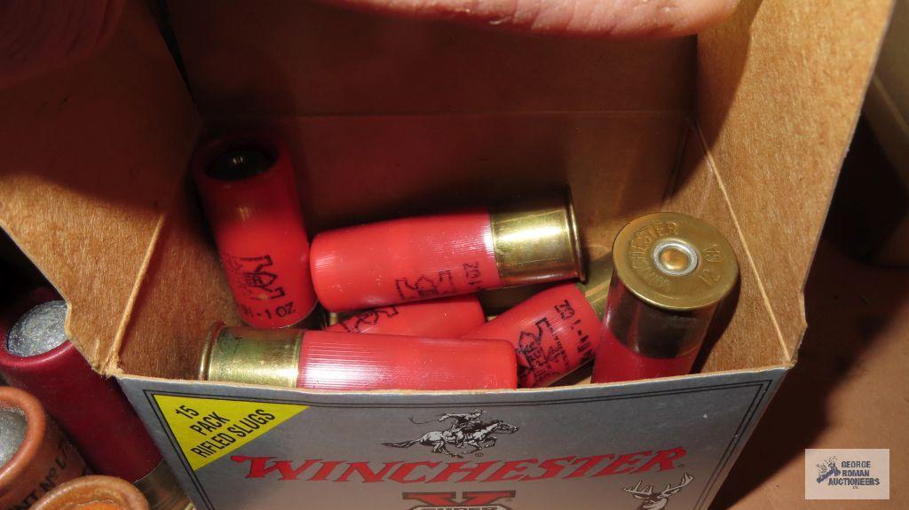 Partial box of 12 gauge rifled slugs, full box of Remington 12 gauge 3 in two shot and other