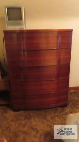 Vintage Full size mahogany bed with chest of drawers, nightstand, vanity and bench