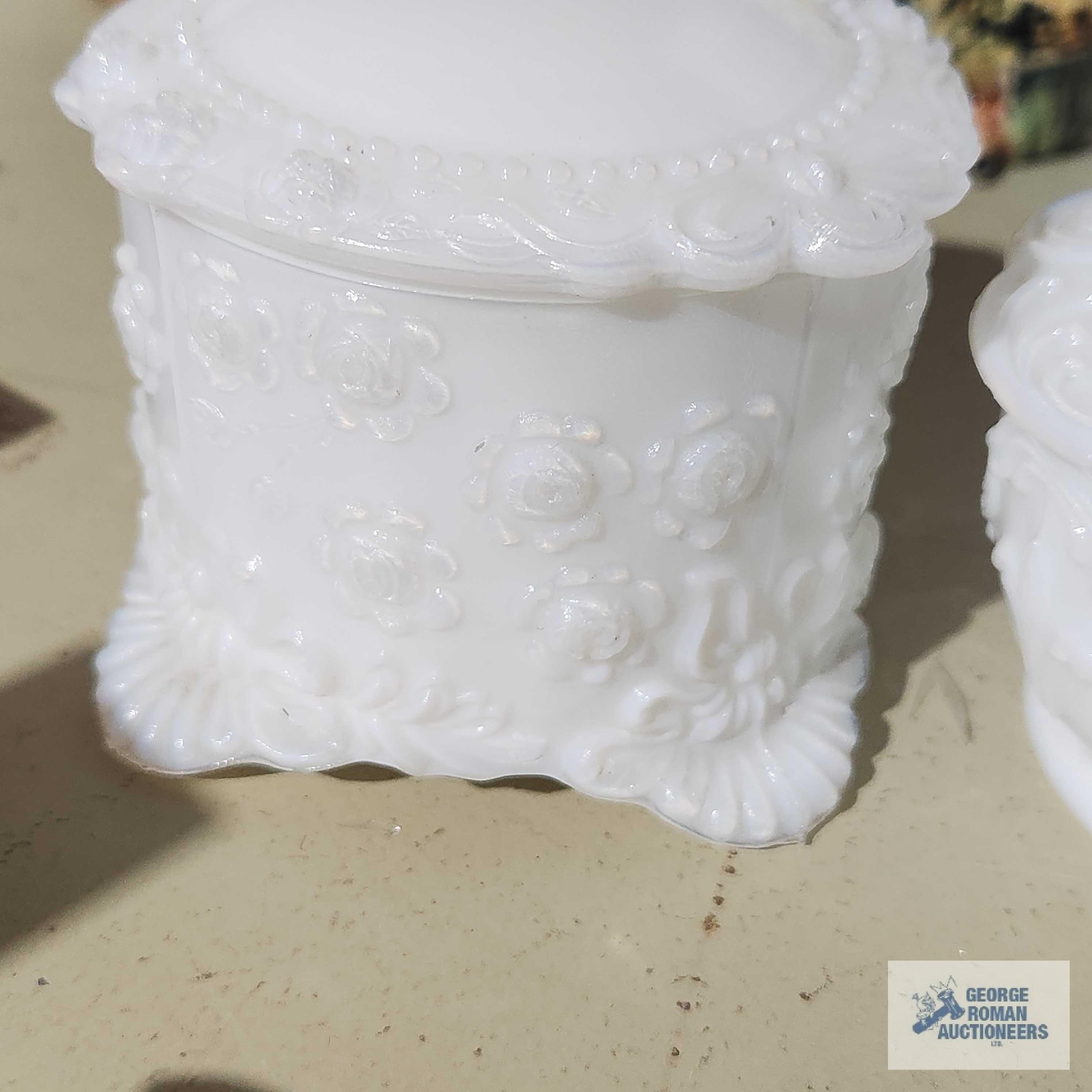 Fostoria Jenny Lind vintage milk glass trinket box with lid and Westmoreland vintage milk glass