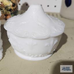 Fostoria Jenny Lind vintage milk glass trinket box with lid and Westmoreland vintage milk glass