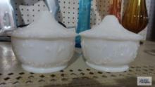 Pair of John Temple Glass milk glass vanity dresser jars. East Palestine, Ohio