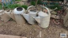 Three vintage watering cans with hand tools