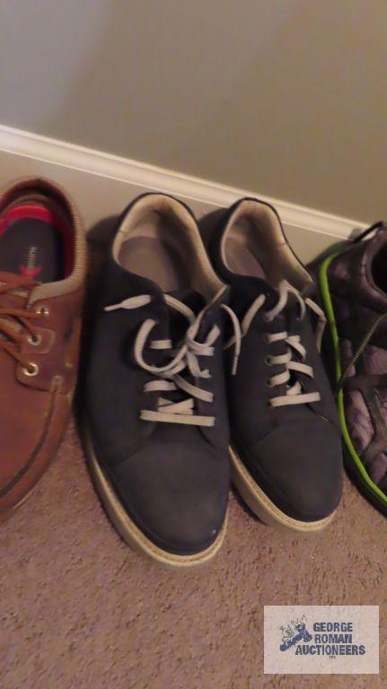 Three pairs of men's size 11 shoes, including new pair of Huk tennis shoes