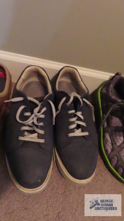 Three pairs of men's size 11 shoes, including new pair of Huk tennis shoes