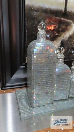 Glass decanter bottles and tray