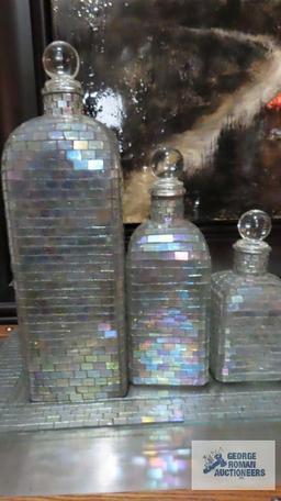 Glass decanter bottles and tray