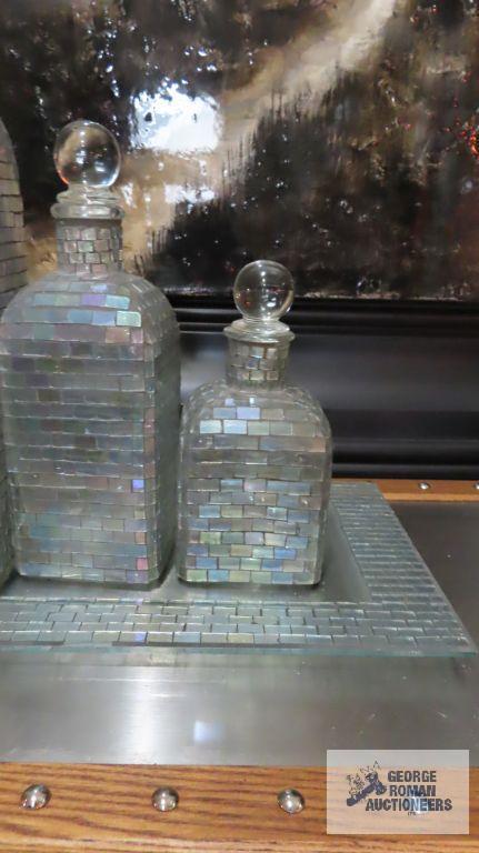 Glass decanter bottles and tray