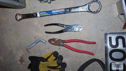 Miscellaneous items battery cables, gloves, assorted tools, safety vest and hard hat