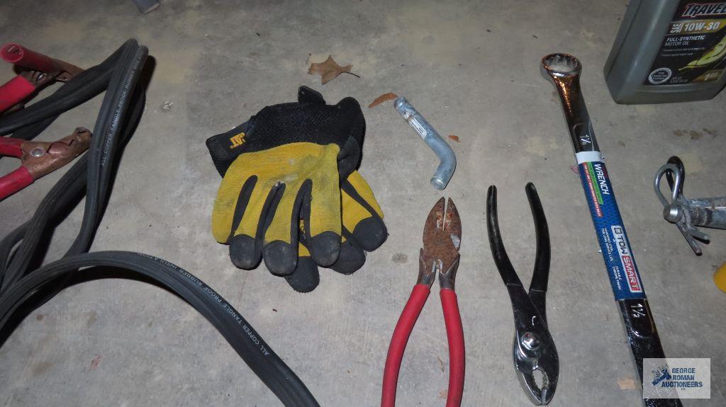 Miscellaneous items battery cables, gloves, assorted tools, safety vest and hard hat