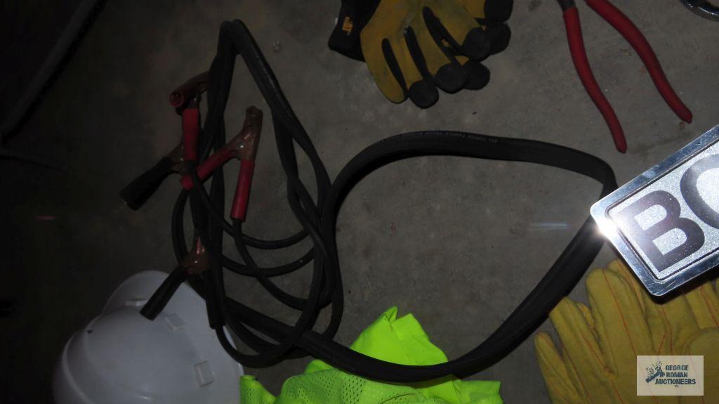 Miscellaneous items battery cables, gloves, assorted tools, safety vest and hard hat