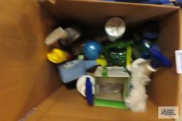 Assorted items including cleaning supplies,...exercise tapes, laundry...baskets,...etc.