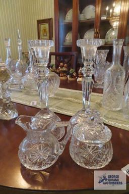 Crystal star design candle holders and creamer and sugar